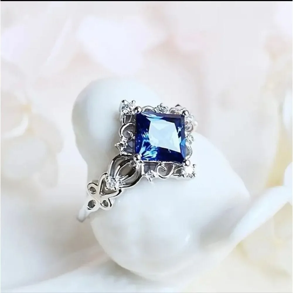 Silver plated blue birthstone ring engagement simple design jewelry